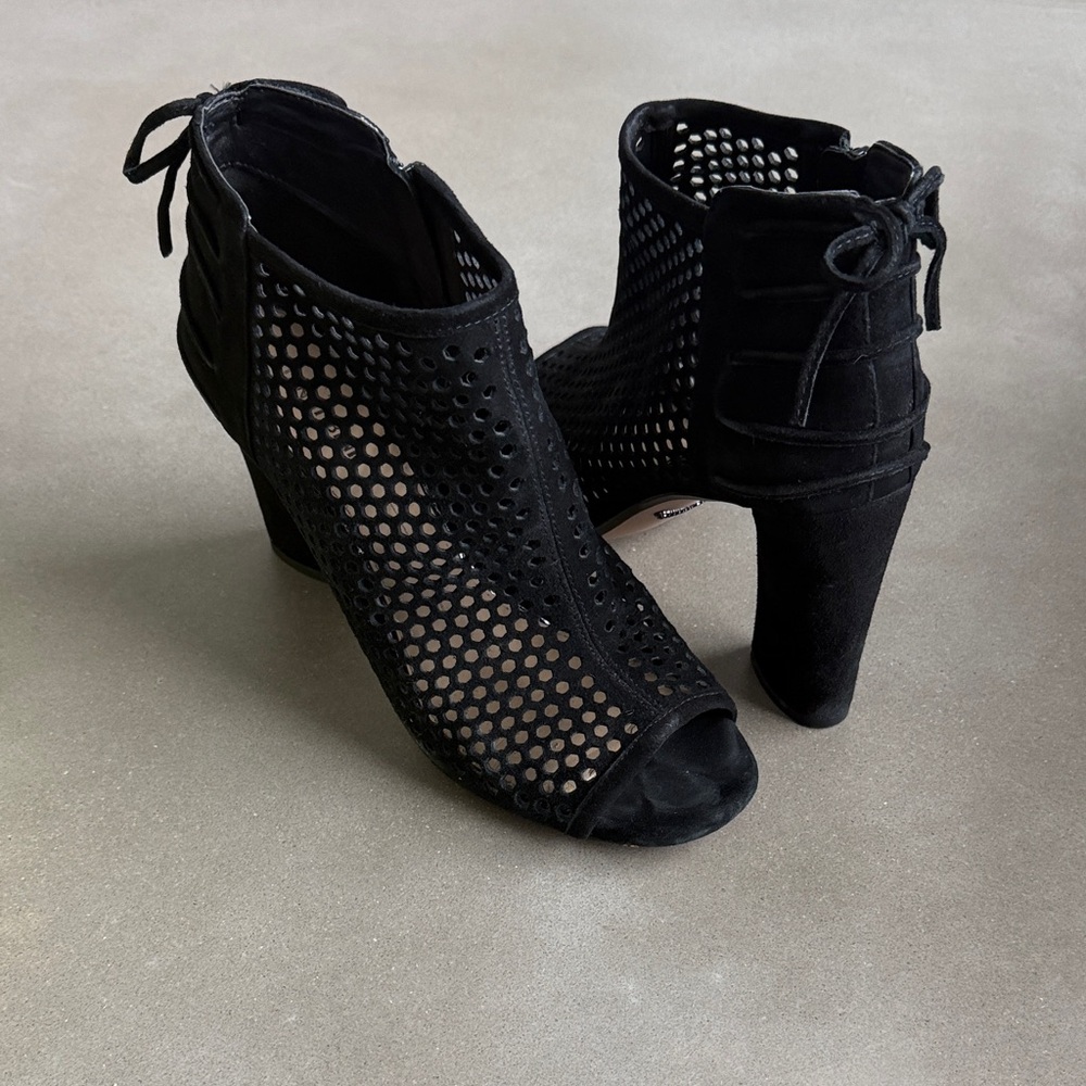 Gianni Bini Black suede Mesh laser cut Peep-Toe Heeled Booties